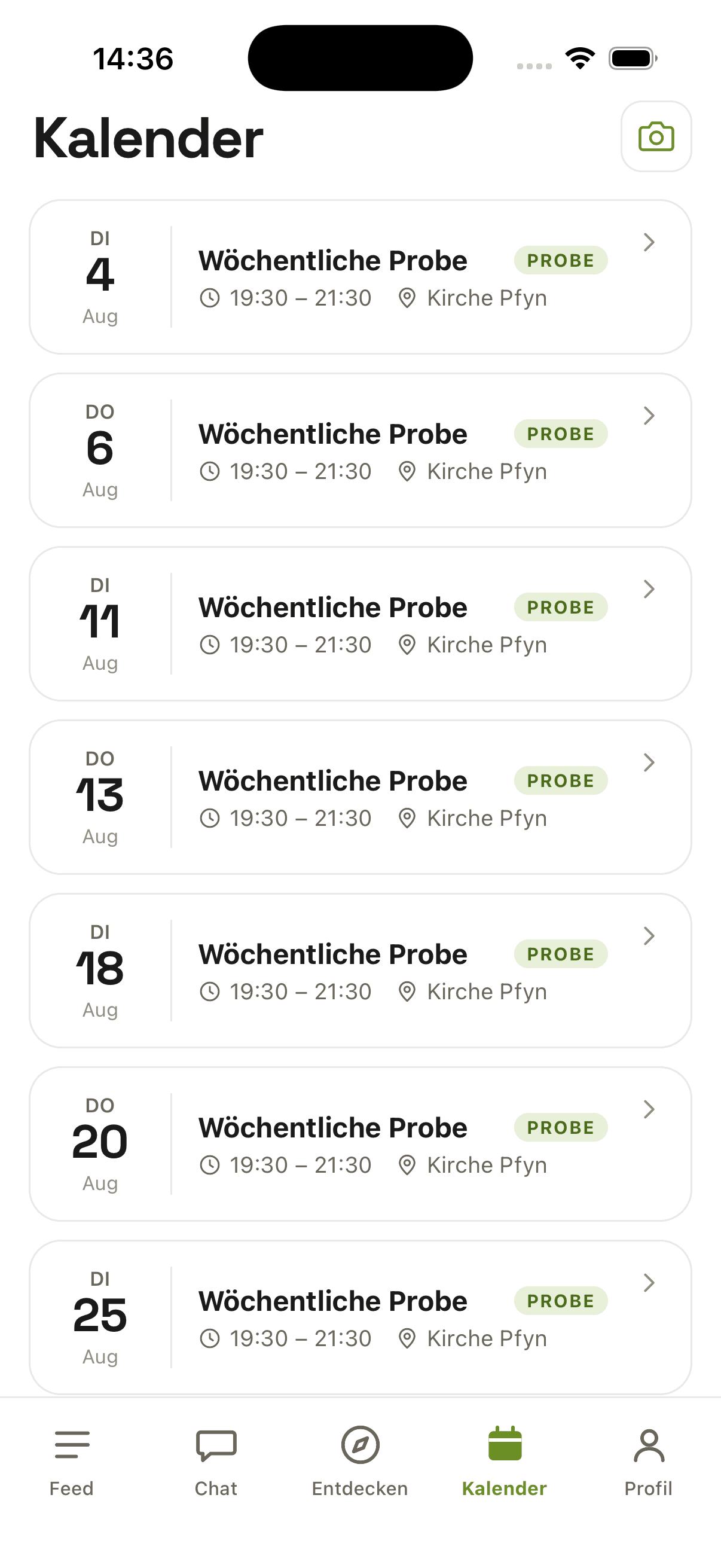 Der Probenkalender in der Vereinly-App mit den nächsten wöchentlichen Proben