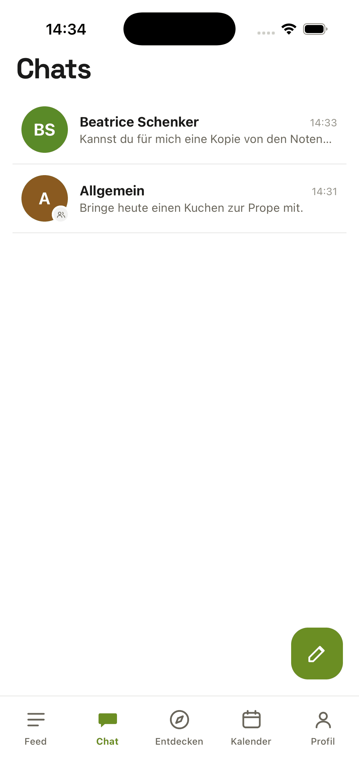 Die Chat-Übersicht in der Vereinly-App mit Gruppen- und Einzelchats