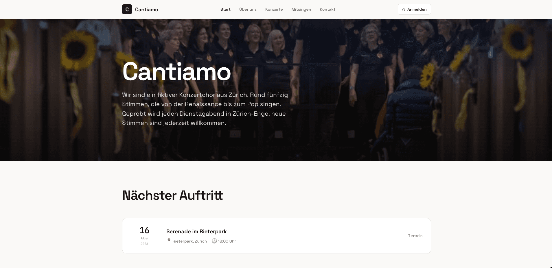 Die Startseite der Cantiamo-Vereinswebsite mit Chorfoto und nächstem Auftritt